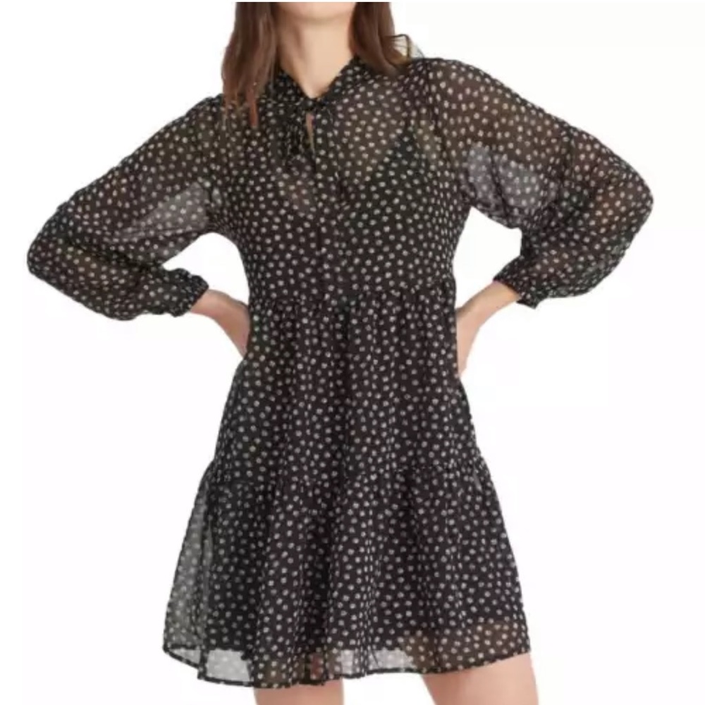 SANCTUARY Black Daisy Floral Babydoll Tie Neck Tiered Swing Dress NEW Size L